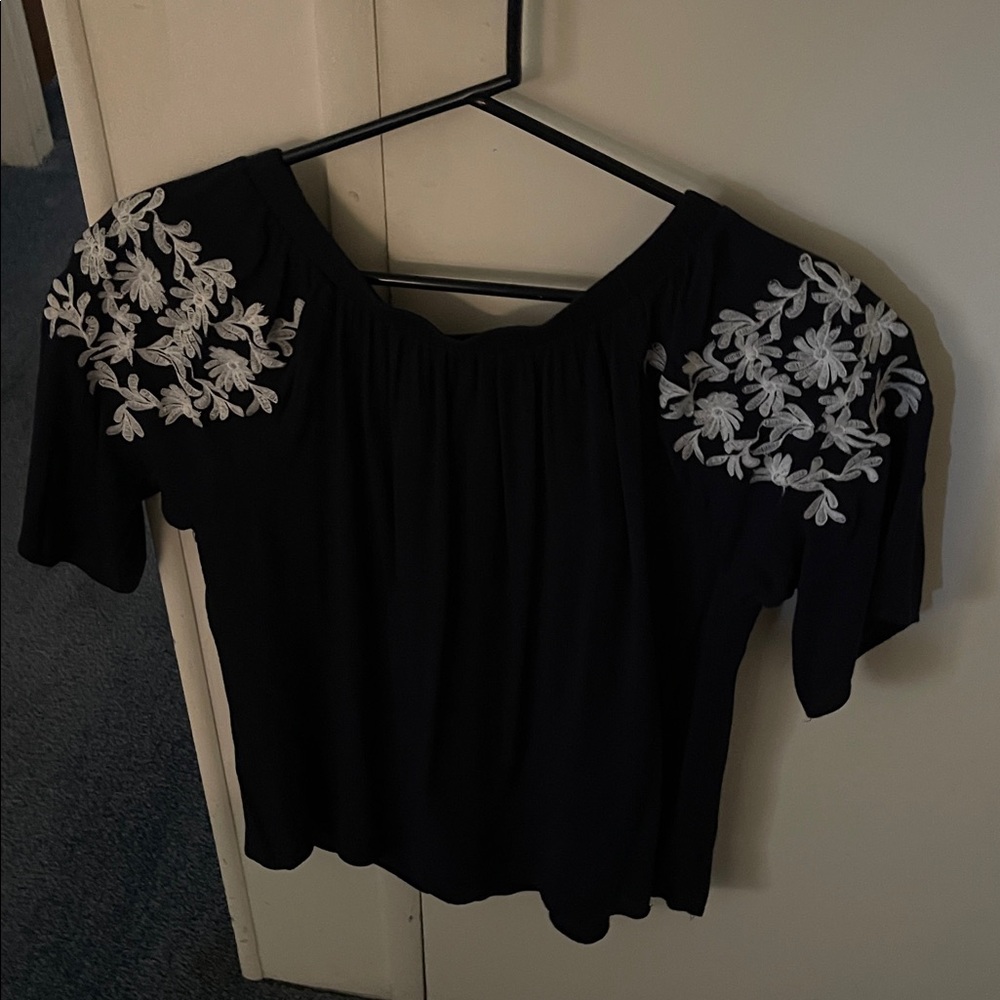 Black Top with White Floral Embroidery - Picture 3 of 3